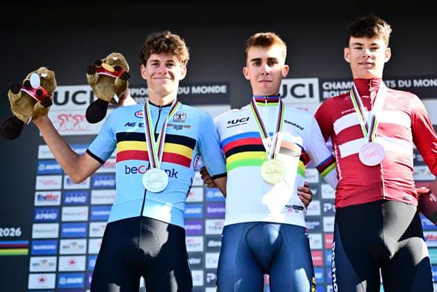 UCI 2026 Road World Championship, WM, Weltmeisterschaft Montreal 22 09 2026 MONTREAL, CANADA - SEPTEMBER 22 : silver medal De Smet Vic (BEL), gold medal Noval Benjamin (ESP) and bronze medal Risbjerg Malthe (DEN) pictured during the podium ceremony of the Men Junior Individual Time Trial of the 2026 UCI Road World Championships 93th edition an UCI World Championships cycling race of 20.3 km with start in Montreal and finish in Montreal on September 22, 2026 in Montreal, Canada, 22 09 2026 Montreal Canada  Copyright: xPeterxDexVoechtx