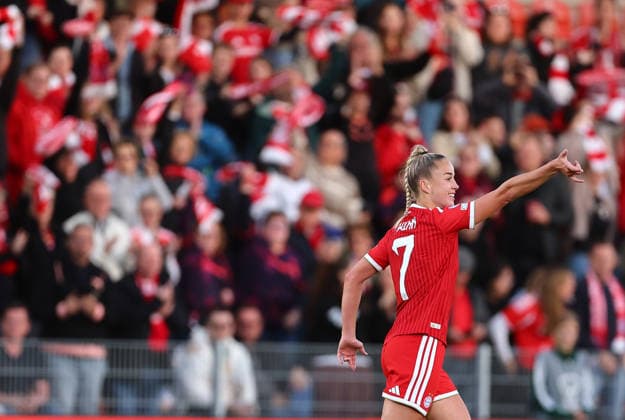 September 22, 2026, Unterhaching, Bayern, Germany: Gwinn Giulia of Bayern Munich celebrates after scoring 1-0 during the Women Uefa Champions League 2026 - 2027 football match between Bayern Munchen and Manchester City at Sportpark Stadium in Unterhaching , Bayern , Germany . September 22th , 2026 Football Women Uefa Champions League 2026 - 2027 Bayern Munchen Vs Manchster City  - ZUMAe140 20260922_zip_e140_034 Copyright: xDavidexEliasx