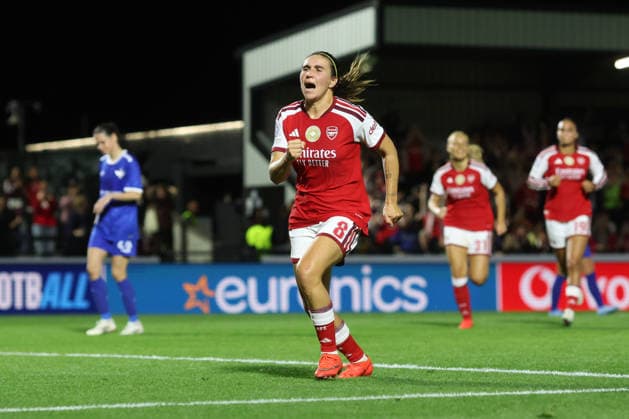 Arsenal gegen HB Koge Frauen, 22. September 2026, Borehamwood – UEFA Women’s Champions League: Arsenal gegen HB Koge Frauen. Mariona Caldentey von Arsenal jubelt nach ihrem Siegtor per Elfmeter. Foto: Charlotte Wilson. Abseits. Borehamwood, Großbritannien.  Copyright: xCharlottexWilsonx xOffsidexOffside