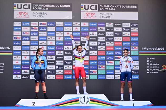 UCI 2026 Road World Championship, WM, Weltmeisterschaft Montreal 22 09 2026 MONTREAL, CANADA - SEPTEMBER 22 : silver medal Decruyenaere Yana (BEL), gold medal Okrucinska Maria (POL) and bronze medal Clay Aalia (GBR) pictured during the podium ceremony of the Women Junior Individual Time Trial of the 2026 UCI Road World Championships 93th edition an UCI World Championships cycling race of 10.7 km with start in Montreal and finish in Montreal on September 22, 2026 in Montreal, Canada, 22 09 2026 Montreal Canada  Copyright: xPeterxDexVoechtx