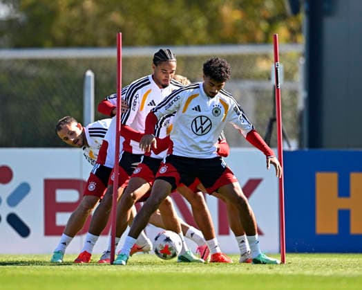 September 23, 2026, DFB German National Soccer Team, training camp in Herzogenaurach, at the ADIDAS headquarters, ahead of the UEFA Nations League matches, Nathaniel Brown (Germany), Kevin Schade (Germany), and Max Rosenfelder (Germany)