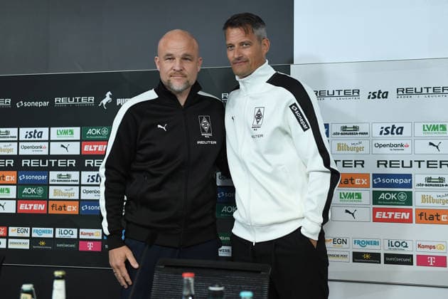 Introduction of Alexander Blessin as the new head coach of Borussia Mönchengladbach on September 23, 2026, at ista Borussia Park in Mönchengladbach. Rouven Schröder, Head of Sports at Mönchengladbach (left); Alexander Blessin, head coach of Mönchengladbach (right) xRx