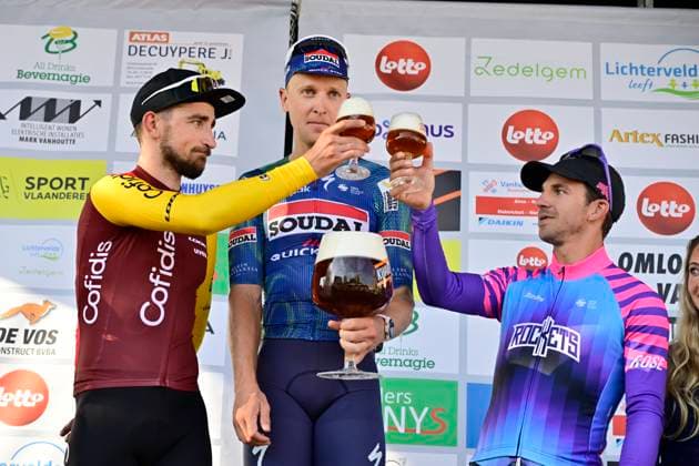 Omloop van het Houtland 2026 Cycling Race LICHTERVELDE, BELGIUM - SEPTEMBER 23 : Aniolkowski Stanislaw (POL) of Cofidis, Merlier Tim (BEL) of Soudal Quick-Step and Groenewegen Dylan (NED) of Unibet Rose Rockets pictured during the podium ceremony of the 80th edition of Omloop van het Houtland an UCI Class 1.1 one day cycling road race for Men Elite of 190 km with start in Zedelgem and finish in Lichtervelde on September 23, 2026 in Lichtervelde, Belgium, 23 09 2026 Lichtervelde Belgium  Copyright: xJanxDexMeuleneirx