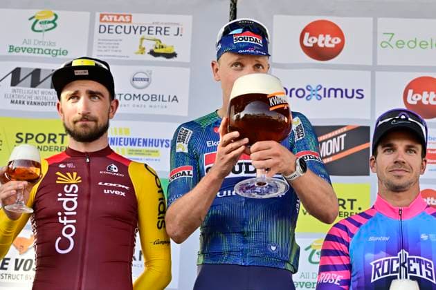 Omloop van het Houtland 2026 Cycling Race LICHTERVELDE, BELGIUM - SEPTEMBER 23 : Aniolkowski Stanislaw (POL) of Cofidis, Merlier Tim (BEL) of Soudal Quick-Step and Groenewegen Dylan (NED) of Unibet Rose Rockets pictured during the podium ceremony of the 80th edition of Omloop van het Houtland an UCI Class 1.1 one day cycling road race for Men Elite of 190 km with start in Zedelgem and finish in Lichtervelde on September 23, 2026 in Lichtervelde, Belgium, 23 09 2026 Lichtervelde Belgium  Copyright: xJanxDexMeuleneirx