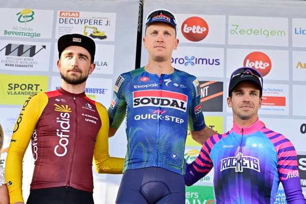 Omloop van het Houtland 2026 Cycling Race LICHTERVELDE, BELGIUM - SEPTEMBER 23 : Aniolkowski Stanislaw (POL) of Cofidis, Merlier Tim (BEL) of Soudal Quick-Step and Groenewegen Dylan (NED) of Unibet Rose Rockets pictured during the podium ceremony of the 80th edition of Omloop van het Houtland an UCI Class 1.1 one day cycling road race for Men Elite of 190 km with start in Zedelgem and finish in Lichtervelde on September 23, 2026 in Lichtervelde, Belgium, 23 09 2026 Lichtervelde Belgium  Copyright: xJanxDexMeuleneirx