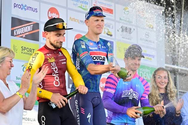 Omloop van het Houtland 2026 Cycling Race LICHTERVELDE, BELGIUM - SEPTEMBER 23 : Aniolkowski Stanislaw (POL) of Cofidis, Merlier Tim (BEL) of Soudal Quick-Step and Groenewegen Dylan (NED) of Unibet Rose Rockets pictured during the podium ceremony of the 80th edition of Omloop van het Houtland an UCI Class 1.1 one day cycling road race for Men Elite of 190 km with start in Zedelgem and finish in Lichtervelde on September 23, 2026 in Lichtervelde, Belgium, 23 09 2026 Lichtervelde Belgium  Copyright: xJanxDexMeuleneirx
