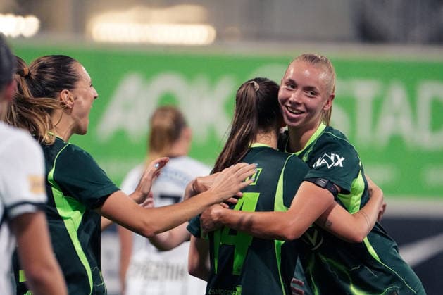 Germany Soccer UEFA Women s Europa Cup 2026–2027, Qualifying Round 2, First Leg: VfL Wolfsburg vs. SK Sturm Graz at AOK Stadium, Wolfsburg—Goal and goal celebration by Smilla Vallotto of VfL Wolfsburg Women, 14; Ella Peddemor of VfL Wolfsburg Women, 5 Copyright: xAymanxAlahmedx