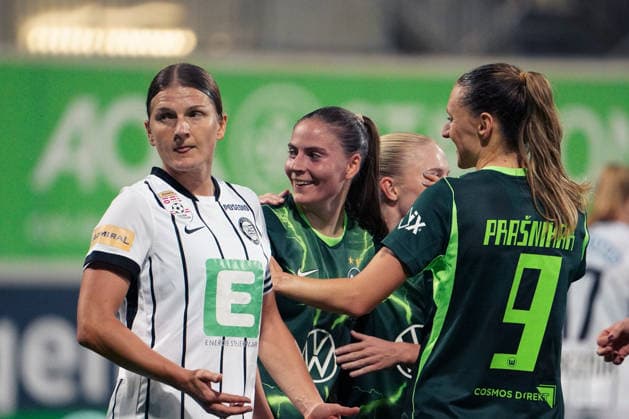 Germany Soccer UEFA Women s Europa Cup 2026–2027, 2nd Qualifying Round, First Leg: VfL Wolfsburg vs. SK Sturm Graz at AOK Stadium Wolfsburg—Goal and goal celebration by Smilla Vallotto (VfL Wolfsburg Women), 14 Lara Praönikar (VfL Wolfsburg Women), 9 Copyright: xAymanxAlahmedx