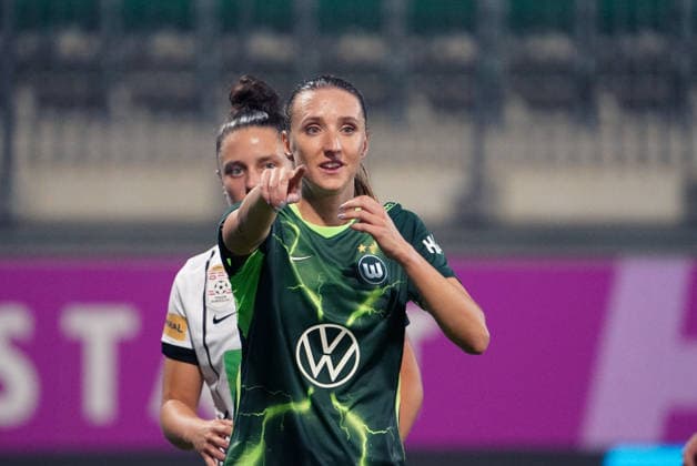 Germany Soccer UEFA Women s Europa Cup 2026–2027, Qualifying Round 2, First Leg: VfL Wolfsburg vs. SK Sturm Graz, AOK Stadium, Wolfsburg; Gestures, Body Language, Emotion: Lara Praönikar (Lara Prasnikar), VfL Wolfsburg Women, 9 Copyright: xAymanxAlahmedx