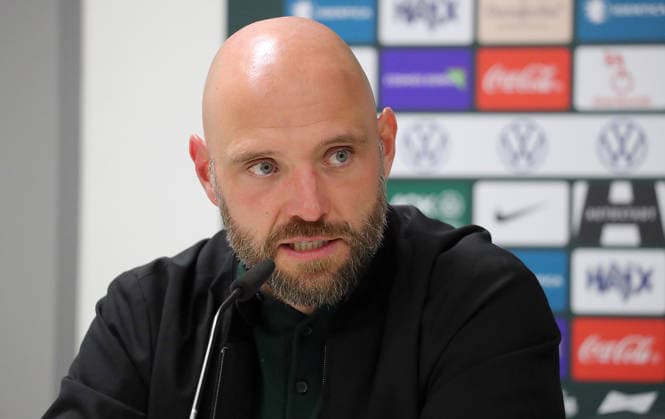 Head Coach Stephan Lerch of VfL Wolfsburg at the postgame press conference: Soccer, Women s, 2026–2027 Season, UEFA, Women s Europa Cup Qualifying, Round 2, AOK Stadium Wolfsburg, VfL Wolfsburg vs. Sturm Graz, 6–1