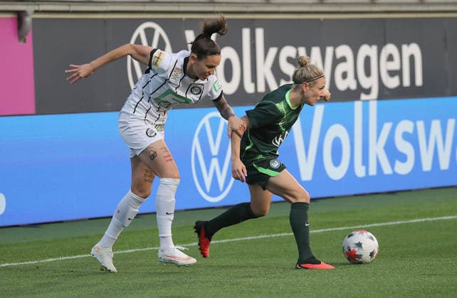 Lilla Sipos (SK Sturm Graz), Svenja Huth (VfL Wolfsburg) Soccer, Women, 2026–2027 Season, UEFA, Women s Europa Cup Qualifying Round 2, AOK Stadium Wolfsburg, VfL Wolfsburg vs. Sturm Graz, 6–1