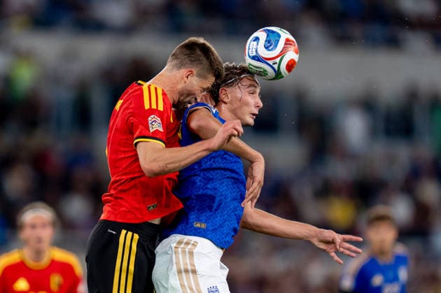 Italy v Belgium - UEFA Nations League 2026 27 Group A1 MD1 Brandon Mechele of Belgium and Daniel Maldini of Italy jump for the ball during the UEFA Nations League 2026 27 Group A1 MD1 match between Italy and Blgium at Stadio Olimpico on September 25, 2026 in Rome, Italy Rome Olympic Stadium Rome Italy Copyright: xGiuseppexMaffiax 20260925_213328_NationsLeague_Italy-Belgium__LIA05904