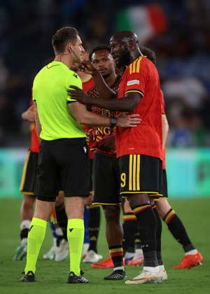 Italy v Belgium - UEFA Nations League - Season 2026-2027 Rome, Italy, 25th September 2026. Romelu Lukaku and Lois Openda of Belgium react with the Referee Daniel Siebert of Germany following a heated clash with Gianluigi Donnarumma of Italy at the end of the Italy vs Belgium UEFA Nations League match at Stadio Olimpico, Rome. Picture credit should read: Jonathan Moscrop Rome Stadio Olimpico Italy