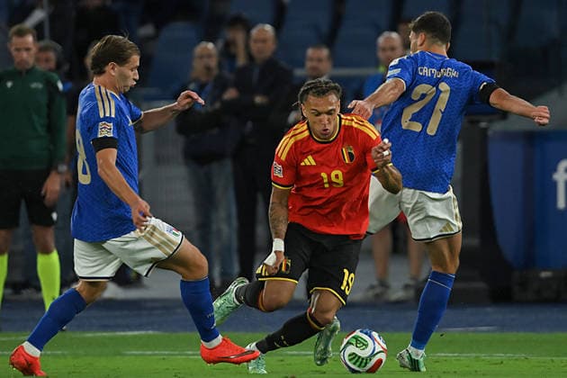 SOCCER - UEFA Nations League - Italy vs. Belgium Photo by IPA ABACAPRESS.COM88978066 - Nicolo Barella (Midfielder) of Italy, Diego Moreira (Forward) of Belgium, and Nicolo Cambiaghi (Defender) of Italy during Matchday 1 of the Nations League between Italy and Belgium at the Olympic Stadium in Italy on September 25, 2026. Mattia Vian Rome Italy  Copyright: xIPAxSport ABACAx