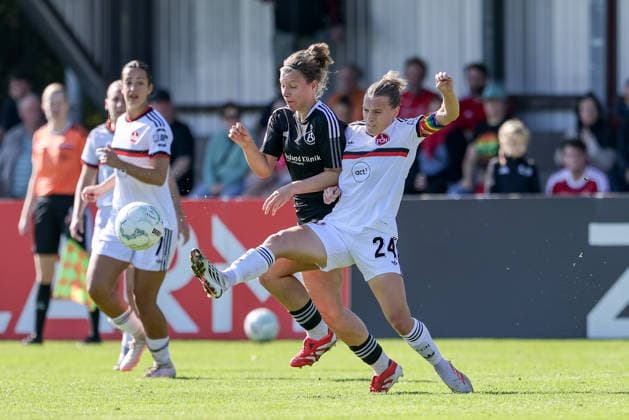 From left: Nathalie Heeren (ATS Buntentor), 11, and Nastassja Lein (1 FC Nürnberg), 24, in a one-on-one battle, duel, dynamic moment, action, game scene, DFB REGULATIONS PROHIBIT ANY USE OF PHOTOGRAPHS AS SEQUENCE IMAGES AND OR VIDEO-LIKE PHOTO SERIES DFB REGULATIONS PROHIBIT ANY USE OF PHOTOGRAPHS AS IMAGE SEQUENCES AND OR QUASI-VIDEO, September 27, 2026, Bremen, Germany, Soccer, DFB Women’s Cup, ATS Buntentor 1 FC Nuremberg xobx