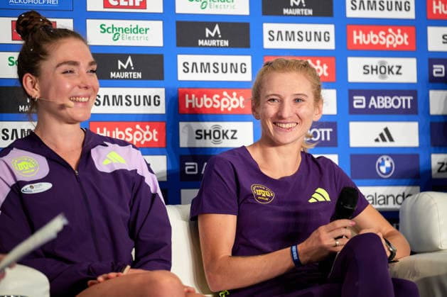 From left: Anna Langerwisch, GER, top German female runner, and Kristina Hendel, GER, in an interview at a press conference, GER, BMW Generali Berlin Marathon 2026, September 27, 2026, GER, BMW Generali Berlin Marathon 2026, September 27, 2026, Berlin Copyright: xClaudiusxRauch,xEibner-Pressefotox xClaudiusxRauchx EP_CRH