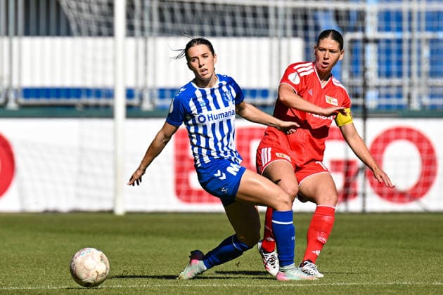 Soccer I Women s I 2026–2027 Season I DFB Cup I 1. FC Magdeburg vs. 1. FC Union Berlin I September 27, 2026, Tackle by Kira Bölke (7), 1 FC Magdeburg, Samantha Steuerwald 19, 1 FC Union Berlin, Magdeburg, Avnet Arena, Heinz Krügel Platz 1, Saxony-Anhalt, Germany Copyright: xLobeca InesxHähnelx