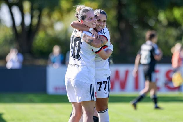 From left: Jonna Brengel (1 FC Nürnberg, 10) and goal scorer Mafalda Barboz (1 FC Nürnberg, 77) celebrating the goal; celebration, cheering, jubilant, optimistic, game scene, highlight, joy over the goal that made the score 0–7, DFB REGULATIONS PROHIBIT ANY USE OF PHOTOGRAPHS AS IMAGE SEQUENCES AND OR VIDEO-LIKE PHOTO SERIES, DFB REGULATIONS PROHIBIT ANY USE OF PHOTOGRAPHS AS IMAGE SEQU, September 27, 2026, Bremen, Germany, soccer, DFB Women’s Cup, ATS Colorful Goal 1 FC Nuremberg xobx