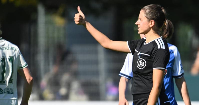 September 27, 2026 Soccer Season 2026–2027 DFB Cup Women s Club Cup Round 1 SpVgg Greuther Fürth Kleeblatt vs. TSG 1899 Hoffenheim Sports photo by Zink xwoxzix; regulations prohibit any use of photographs as image sequences and or quasi-video. Marie Theres Mühlbauer, referee—thumbs up