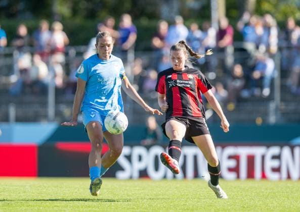 Soccer, Women, 2026–2027 Season, DFB Cup First Round, FC Viktoria 1889 Berlin vs. Bayer Leverkusen, from left: Nina Ehegötz (FC Viktoria 1889 Berlin), Claudia Wenger (Bayer 04 Leverkusen), September 27, 2026, Copyright: xMatthiasxKochx