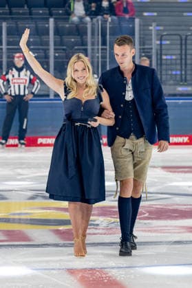 Oktoberfest Playmate Valentina Ruckle performed the ceremonial face-off for the GER ice hockey game between EHC Red Bull Munich and Löwen Frankfurt, DEL, 2026–2027 season, Matchday 4, September 27, 2026. Photo: HMB Media, Heike Feiner Copyright: HMBxMedia HeikexFeiner