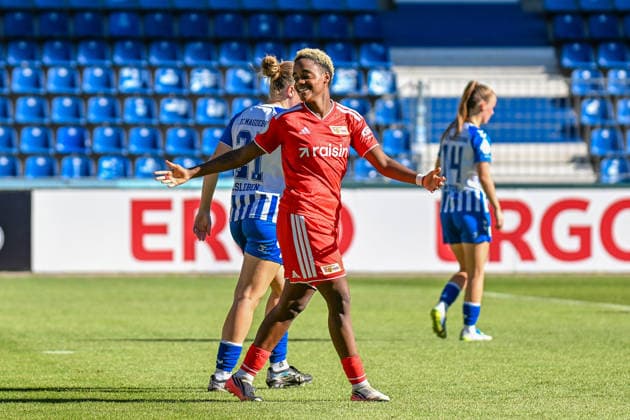 Soccer I Women s I 2026–2027 Season I DFB Cup I 1 FC Magdeburg vs. 1 FC Union Berlin I September 27, 2026 Goal celebration by Naika Reissner 42, 1 FC Union Berlin vs. Magdeburg, Avnet Arena, Heinz Krügel Platz 1, Saxony-Anhalt, Germany Copyright: xLobeca InesxHähnelx
