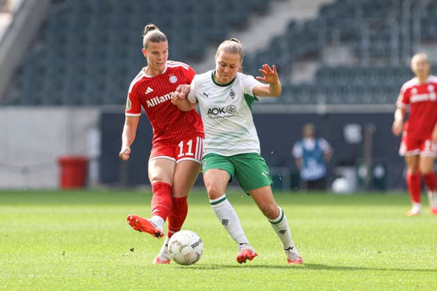 Sarah Mattner Trembleau of FC Bayern Munich and Mia Giesen of Borussia Mönchengladbach battle for the ball during the DFB Women s Cup match between Borussia Mönchengladbach and FC Bayern Munich at Borussia Park on September 27, 2026, in Mönchengladbach, Germany. Photo by Oliver Kaelke, DeFodi Images. Sarah Mattner Trembleau of FC Bayern Munich and Mia Giesen of Borussia Mönchengladbach battle for the ball during the DFB Women’s Cup match between Borussia Mönchengladbach and FC Bayern Munich at ista Borussia Park on September 27, 2026 in Mönchengladbach, Germany. Photo by Oliver Kaelke, DeFodi Images. DFB and DFL regulations prohibit any use of photographs as image sequences and or quasi-video. Photo by Oliver Kaelke, DeFodi Images.