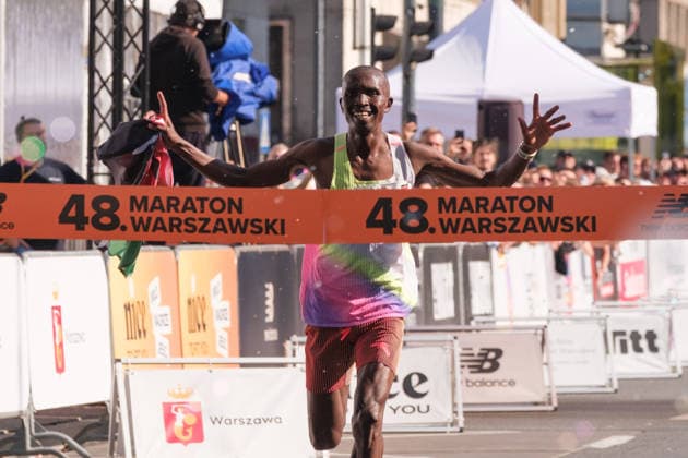 September 27, 2026, Warsaw, Masovian Voivodeship, Poland: STEPHEN KIBOR of Kenya crosses the finish line and places first in the 48th Warsaw Marathon. The race has been awarded the World Athletics Elite Label for the first time in its history and is part of the European Marathon Classics (EMC) series of races. Warsaw Marathon 2026  - ZUMAk204 20260927_zip_k204_036 Copyright: xRomanxKozielx