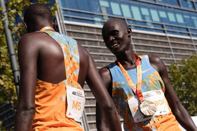 September 27, 2026, Warsaw, Masovian Voivodeship, Poland: 2nd place VICTOR KWEMBOI and 3rd place EZEKIEL MUTAI (both of Uganda) at the finish line of the 48th Warsaw Marathon. The race has been awarded the World Athletics Elite Label for the first time in its history and is part of the European Marathon Classics (EMC) series of races. Warsaw Marathon 2026  - ZUMAk204 20260927_zip_k204_045 Copyright: xRomanxKozielx