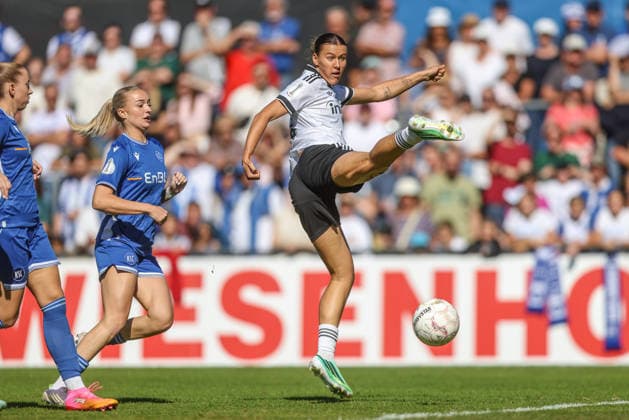 GER, Karlsruhe, Karlsruher SC vs. Eintracht Frankfurt, SC, DFB Women s Cup, Soccer, DFB, 2026–2027 Season, Badenia Stadium, 1st Round; Photo: Larissa Mühlhaus, Eintracht Frankfurt Women’s Team 47, Shot on Goal; DFB and DFL regulations prohibit any use of photographs as image sequences and or quasi-video; September 27, 2026 Copyright: HMBxMedia HendrikxHamelau