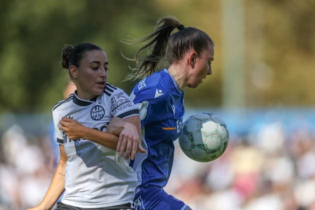 GER, Karlsruhe, Karlsruher SC vs. Eintracht Frankfurt, SC, DFB Women s Cup, Soccer, DFB, 2026–2027 Season, Badenia Stadium, 1st Round (pictured, from left): Ainhoa Alguacil, Eintracht Frankfurt Women s Team 26, Emily Evels, Karlsruher SC Women’s Team, age 25. DFB and DFL regulations prohibit any use of photographs as image sequences and or quasi-video. September 27, 2026 Copyright: HMBxMedia HendrikxHamelau