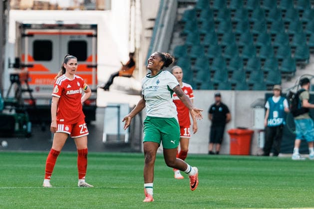 Germany, Soccer, 2026–2027 DFB Women s Cup, First Round: Borussia Mönchengladbach vs. FC Bayern Munich, ista, Borussia Park, Lili Jones Baidoe, Borussia Mönchengladbach, 9, celebration, goal, lead, score, joy, celebrating, emotions Copyright: xThiemoxRudolphx