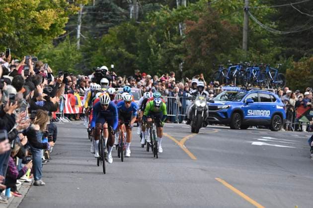UCI 2026 Road World Championship, WM, Weltmeisterschaft Montreal 27 09 2026 MONTREAL, CANADA - SEPTEMBER 27 : illustration picture of the riders during the Men Elite cycling road race of the 2026 UCI Road World Championships 93th edition an UCI World Championships cycling race of 273.4 km with start in Montreal and finish in Montreal on September 27, 2026 in Montreal, Canada, 27 09 2026 Montreal Canada  Copyright: xZacxWilliamsx