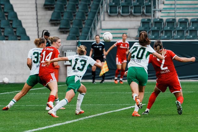 Germany, Soccer: 2026–2027 DFB Women s Cup, 1st Round: Borussia Mönchengladbach vs. FC Bayern Munich at Borussia Park—1–1 tie after Vanessa Gilles scores for Bayern Munich off a corner kick; cheers, goal, joy, celebration, fun, emotions Copyright: xThiemoxRudolphx