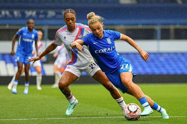 BIRMINGHAM, ENGLAND - September 27: Allyson Swaby of Crystal Palace and Oceane Hurtre of Birmingham City battle for the ball during the Barclays Womens Super League football match between Birmingham City and Crystal Palace at St Andrews @ Knighthead Park on September 27, 2026 in Birmingham, England. (Photo by Natalie Mincher Sports Press Photo SPP) Copyright: xNataliexMincher SPPx Sportspressphoto_SPR241124