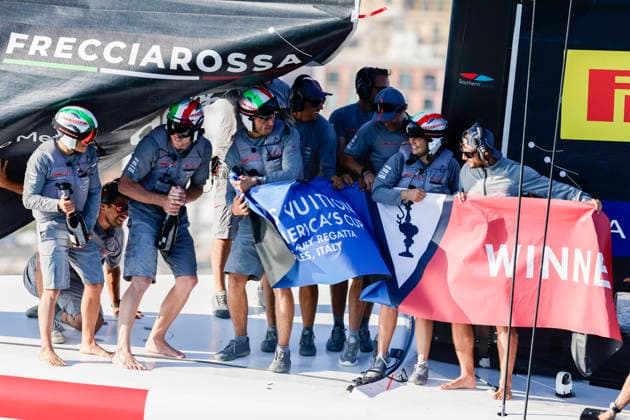 THE LOUIS VUITTON 38TH AMERICA™S CUP PRELIMINARY REGATTA, NAPLES Luna Rossa team wins and celebrate the qualifying round at the 38th Louis Vuitton America™s Cup in the Gulf of Naples, in Campania, on 27 September 2026. _BPH8805 Copyright: xAntonioxBalascox