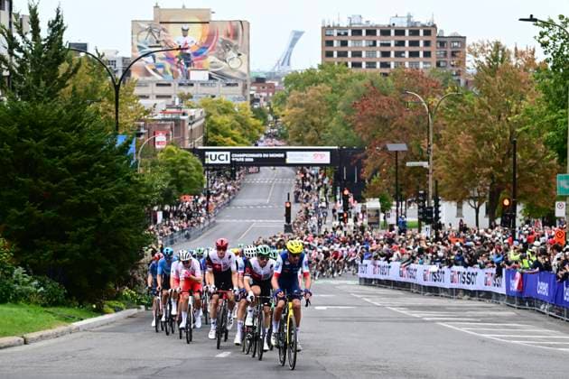UCI 2026 Road World Championship, WM, Weltmeisterschaft Montreal 27 09 2026 MONTREAL, CANADA - SEPTEMBER 27 : illustration picture peloton during the Men Elite cycling road race of the 2026 UCI Road World Championships 93th edition an UCI World Championships cycling race of 273.4 km with start in Montreal and finish in Montreal on September 27, 2026 in Montreal, Canada, 27 09 2026 Montreal Canada  Copyright: xPeterxDexVoechtx