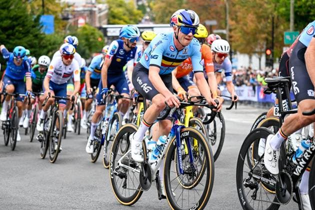 Belgian Maxim van Gils pictured in action during the elite men Road Race race (273,7 km) at the cycling World Championship, WM, Weltmeisterschaft in Montreal, Canada, Sunday 27 September 2026. The UCI road world championships are taking place from 20 to 27 September, in Montreal, Canada. JASPERxJACOBS  x187989157x