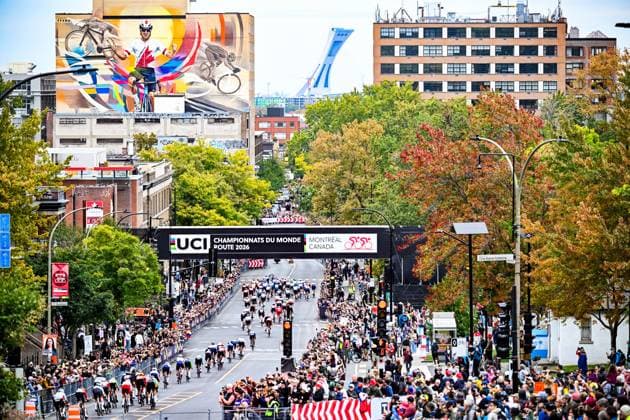 The pack of riders pictured in action during the elite men Road Race race (273,7 km) at the cycling World Championship, WM, Weltmeisterschaft in Montreal, Canada, Sunday 27 September 2026. The UCI road world championships are taking place from 20 to 27 September, in Montreal, Canada. JASPERxJACOBS  x187989959x