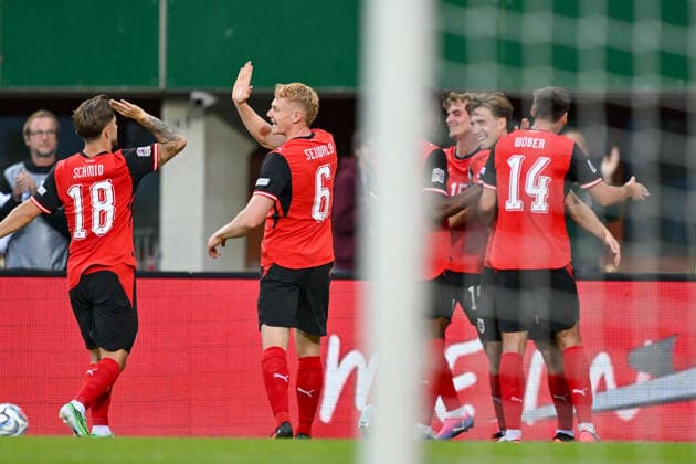 SOCCER - NL, AUT vs KOS VIENNA,AUSTRIA,27.SEP.26 - SOCCER - UEFA Nations League, OEFB international match, Länderspiel, Nationalmannschaft Austria vs Kosovo. Image shows the rejoicing of AUT. Keywords: goal.  GEPAxpictures xAvnixRetkoceri