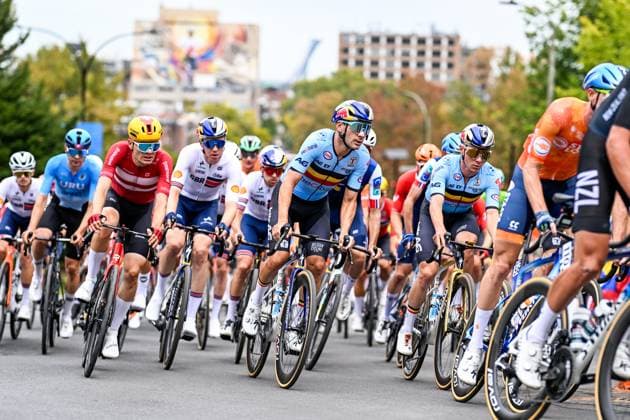 Belgian Gianni Vermeersch and Belgian Remco Evenepoel are pictured in action during the elite men Road Race race (273,7 km) at the cycling World Championship, WM, Weltmeisterschaft in Montreal, Canada, Sunday 27 September 2026. The UCI road world championships are taking place from 20 to 27 September, in Montreal, Canada. JASPERxJACOBS  x187991393x