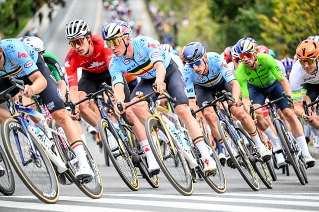 Belgian Remco Evenepoel is pictured in action during the elite men Road Race race (273,7 km) at the cycling World Championship, WM, Weltmeisterschaft in Montreal, Canada, Sunday 27 September 2026. The UCI road world championships are taking place from 20 to 27 September, in Montreal, Canada. JASPERxJACOBS  x187992887x