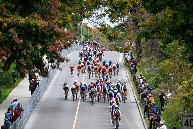 The pack of riders pictured in action during the elite men Road Race race (273,7 km) at the cycling World Championship, WM, Weltmeisterschaft in Montreal, Canada, Sunday 27 September 2026. The UCI road world championships are taking place from 20 to 27 September, in Montreal, Canada. JASPERxJACOBS  x187992880x