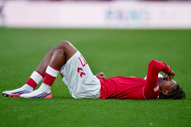Nations League: Denmark vs. Wales. Denmark s Patrick Dorgu is injured during the Nations League match between Denmark and Wales at Parken on Sunday, September 27, 2026. Photo by Liselotte Sabroe, Ritzau Scanpix, Copenhagen, Denmark  Copyright: Ritzau Scanpix LiselottexSabroex spdk20260927-185906-L
