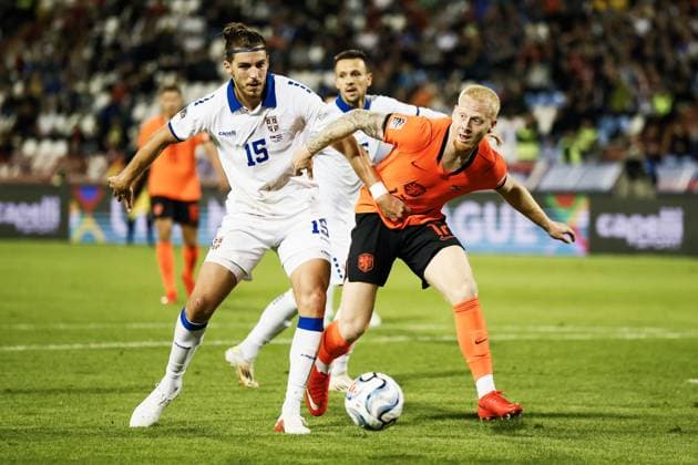 BELGRADE - SrÄ‘an BabiÄ‡ of Serbia, Mexx Meerdink of the Netherlands (lr) during the UEFA Nations League match between Serbia and Germany at the Rajko MitiÄ‡ Stadium on 27 September 2026 in Belgrade. ANP KOEN VAN WEEL xVIxANPxSportx xxANPxIVx 570429192 originalFilename: 570429192.jpg
