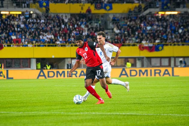 Soccer: Austria National Team, UEFA Nations League 2026–2027, League B, Group B3, Matchday 2, September 27, 2026: Austria (ÖFB) vs. Kosovo (FFK) at Ernst Happel Stadium, Vienna, Austria; Carney Chukwuemeka (Austria, No. 17) and Valmir Matoshi (Kosovo), 8 Copyright: xLukasxBierederx