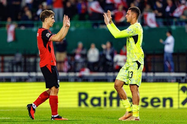 VIENNA, AUSTRIA - 27 SEPTEMBER 2026: Image shows the celebration of Jungwirth Lukas (Austria, 13) and Affengruber David (Austria, 2) during UEFA Nations League 2026 27 League B, Group B3, Matchday 2: Austria vs Kosovo at Ernst-Happel-Stadion on 27 09 2026 in Vienna, Austria. Austria Copyright: xFröhlichxPascalx