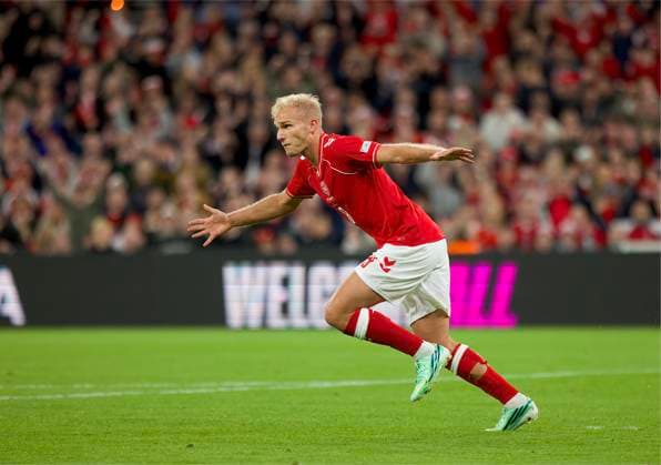 RECORD DATE NOT STATED Football - UEFA Nations League - Group A4 - Denmark v Wales COPENHAGEN, DENMARK - Sunday, September 27, 2026: Denmark s Gustav Isaksen celebrates after scoring the second goal during the UEFA Nations League Group A4 Matchday 2 match between Denmark and Wales at the Parken Stadium. Denmark won 2-0. (Photo by Amanda McMaster Propaganda) COPENHAGEN Parken Stadium COPENHAGEN DENMARK  Copyright: xAmandaxMcMasterx 2026-09-27-Denmark_v_Wales-022