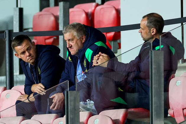 UEFA Nations League Group Stage, Nagyerdei Stadion, Debrecen, Hungary 27 9 2026 Israel vs Republic of Ireland Referee Robert Harvey, FAI President Paul Cooke and FAI director of football John Martin in the stands ahead of the match Robert Harvey, Paul Cooke and John Martin in the stands ahead of the match 27 9 2026  Copyright: xx RB1_5245