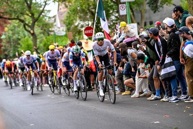 The pack of riders pictured in action during the elite men Road Race race (273,7 km) at the cycling World Championship, WM, Weltmeisterschaft in Montreal, Canada, Sunday 27 September 2026. The UCI road world championships are taking place from 20 to 27 September, in Montreal, Canada. JASPERxJACOBS  x188002723x